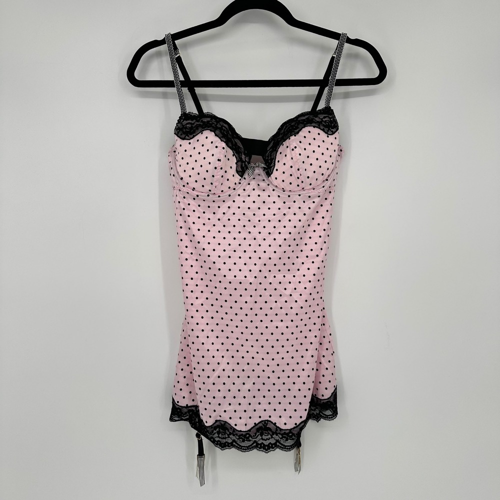 NEW Victoria Secret Pink Satin Polka Dot Lace Mini Lingerie Dress Sleep 36C